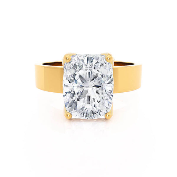 Regent Elongated Cushion Cut Lab Diamond 18k Yellow Gold Cigar Band Wide Engagement Ring Lily Arkwright Front View