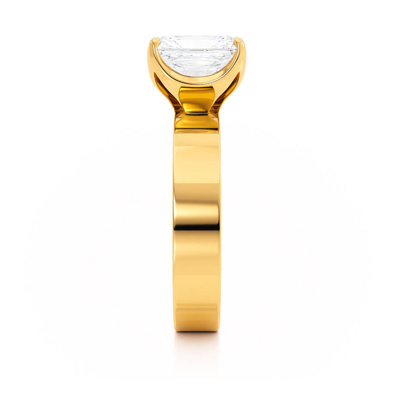 Regent Elongated Cushion Cut Lab Diamond 18k Yellow Gold Cigar Band Wide Engagement Ring Lily Arkwright Side View 2