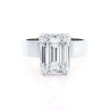 Regent Emerald Cut Lab Diamond Platinum Cigar Band Wide Engagement Ring Lily Arkwright Front View 
