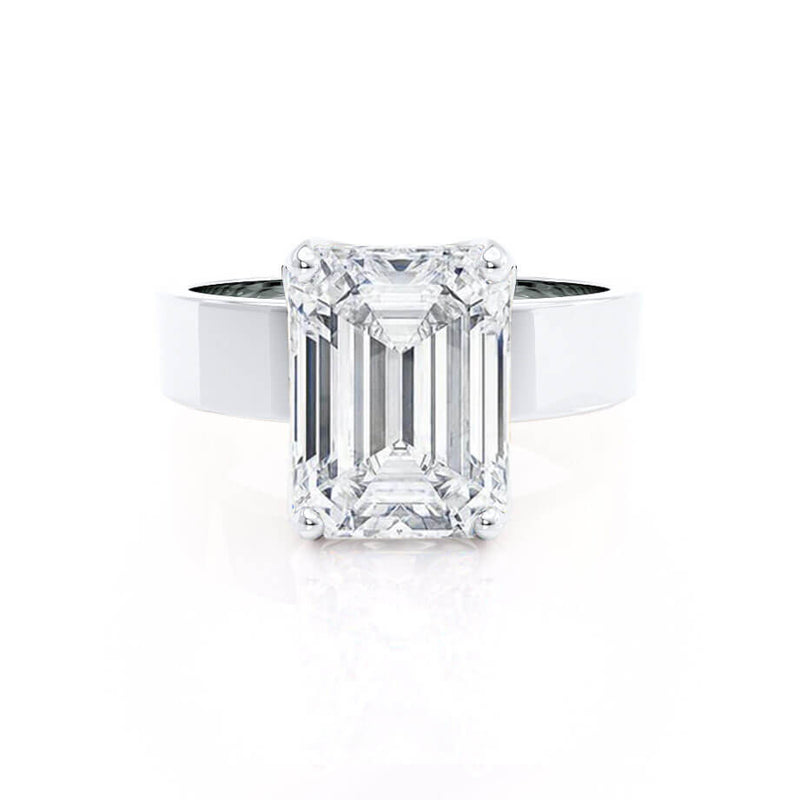 Regent Emerald Cut Lab Diamond Platinum Cigar Band Wide Engagement Ring Lily Arkwright Front View 