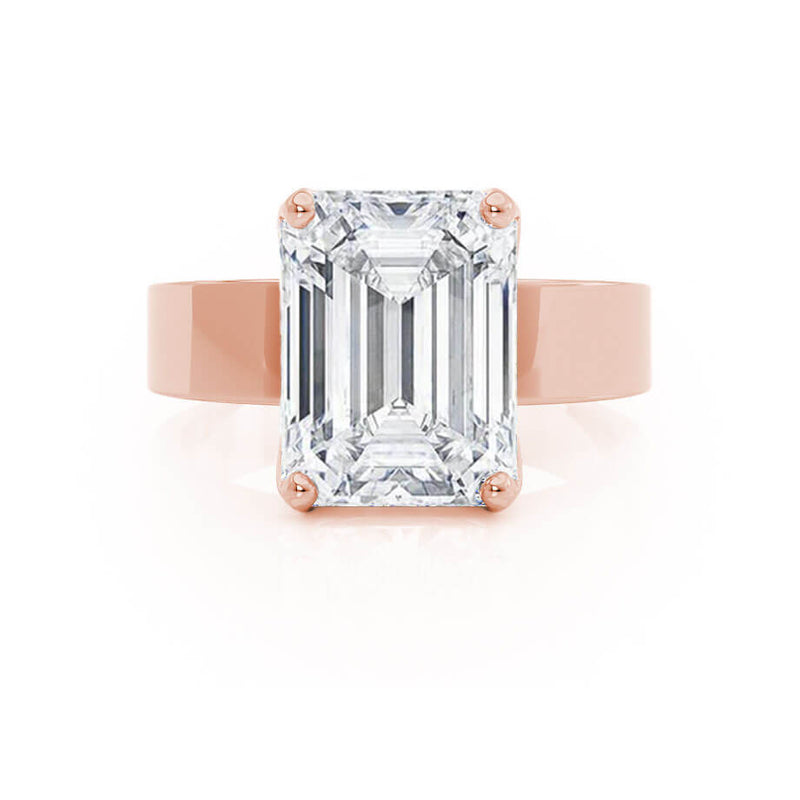 Regent Emerald Cut Lab Diamond 18k Rose Gold Cigar Band Wide Engagement Ring Lily Arkwright Front View 2
