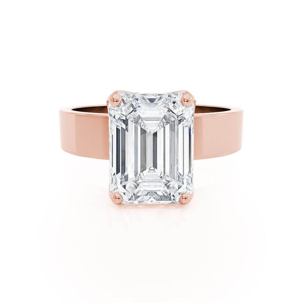 Regent Emerald Cut Lab Diamond 18k Rose Gold Cigar Band Wide Engagement Ring Lily Arkwright Front View 