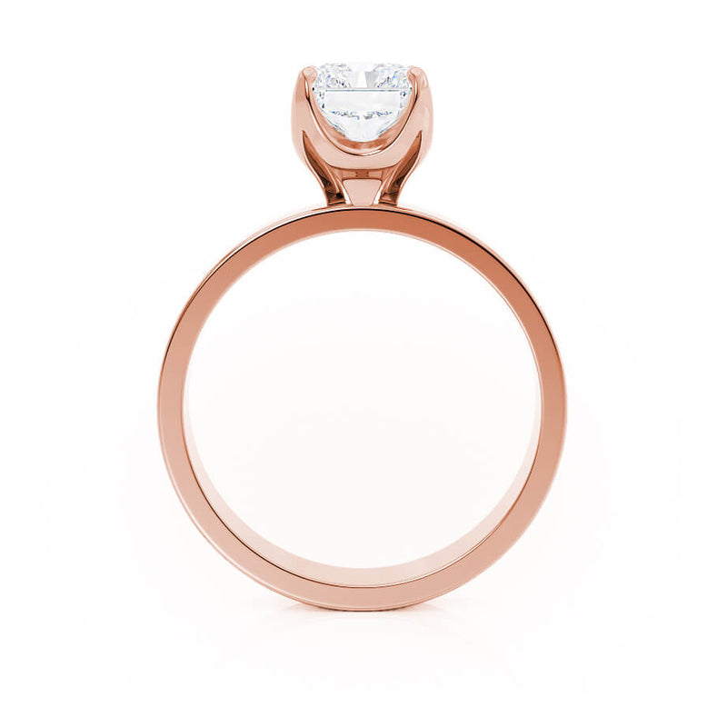 Regent Emerald Cut Lab Diamond 18k Rose Gold Cigar Band Wide Engagement Ring Lily Arkwright Side Profile View 