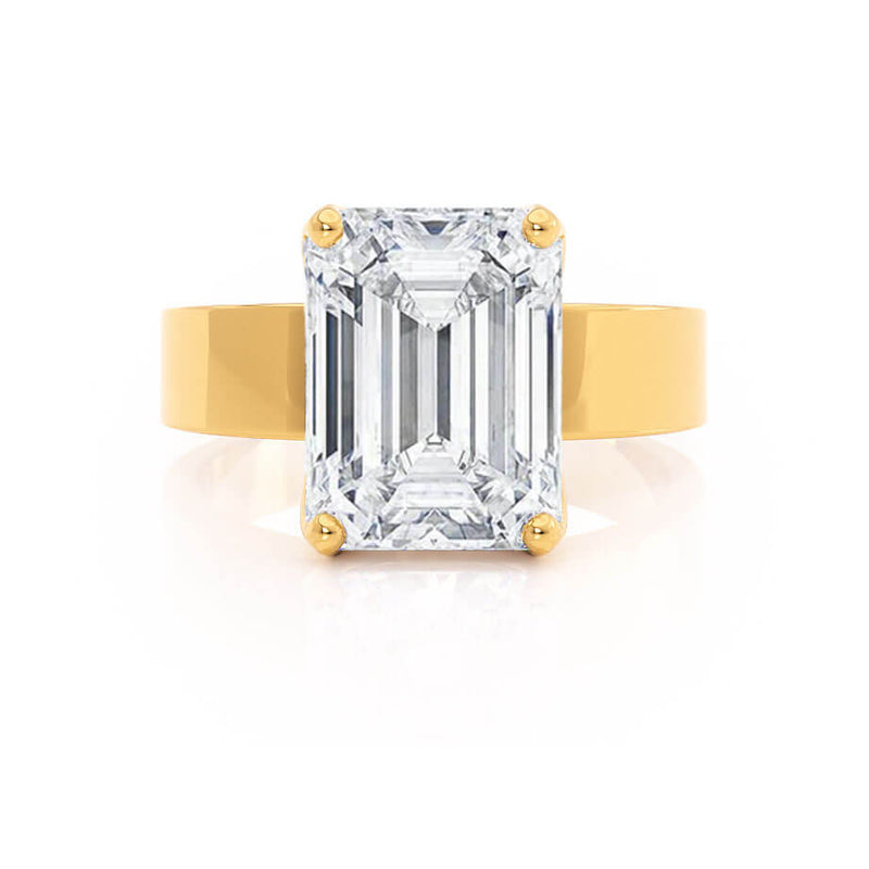 Regent Emerald Cut Lab Diamond 18k Yellow Gold Cigar Band Wide Engagement Ring Lily Arkwright Front View 2