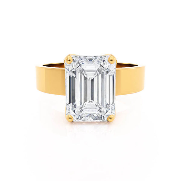 Regent Emerald Cut Lab Diamond 18k Yellow Gold Cigar Band Wide Engagement Ring Lily Arkwright Front View