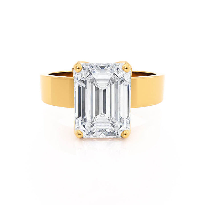 Regent Emerald Cut Lab Diamond 18k Yellow Gold Cigar Band Wide Engagement Ring Lily Arkwright Front View