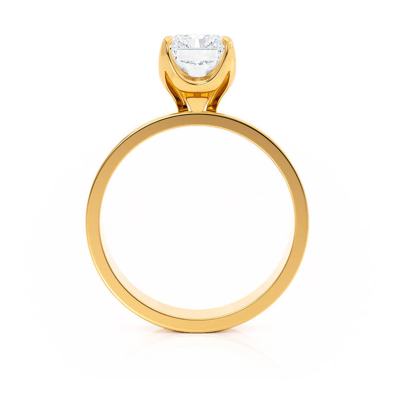 Regent Emerald Cut Lab Diamond 18k Yellow Gold Cigar Band Wide Engagement Ring Lily Arkwright Side Profile View 