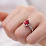Rosa 1.77ct Oval Lab Grown Ruby engagement ring halo shoulder set 18k white gold Lily Arkwright 1