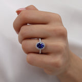 Rosa 2.72ct 9x7mm Oval Cut Chatham Blue Sapphire & Diamond 950 Platinum Halo Engagement Ring Lily Arkwright