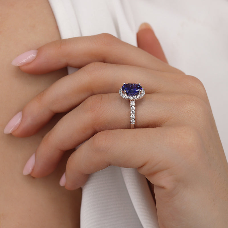 Rosa Chatham Blue Sapphire White Gold Diamond Oval Cut Halo Ring