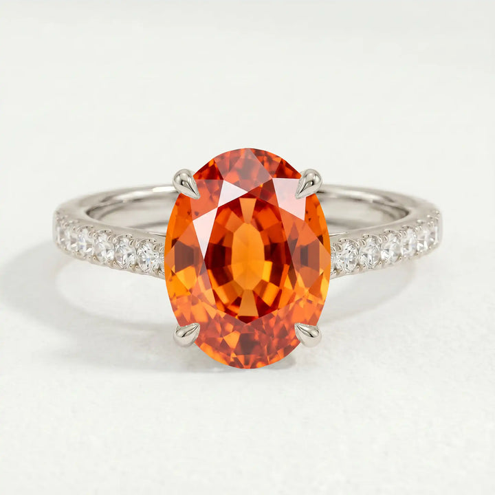 VIOLA - Padparadscha Oval & Diamond 950 Platinum Shoulder Set Ring