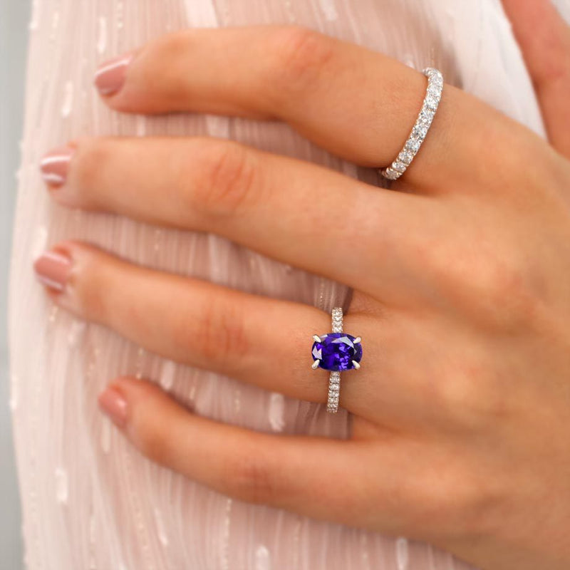 VIOLA - Chatham® Emerald Oval & Diamond 18k Rose Gold Shoulder Set Ring Engagement Ring Lily Arkwright