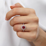 Violette 1.49ct Cushion Cut Chatham Ruby & Diamond 950 Platinum Petite Halo Engagement Ring Lily Arkwright 