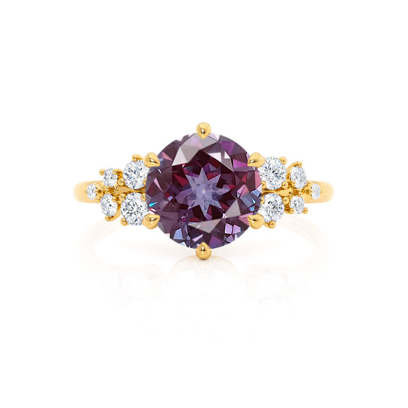 ALYA - Chatham® Round Alexandrite Starburst Cluster Shoulder Set Engagement Ring 18k Yellow Gold