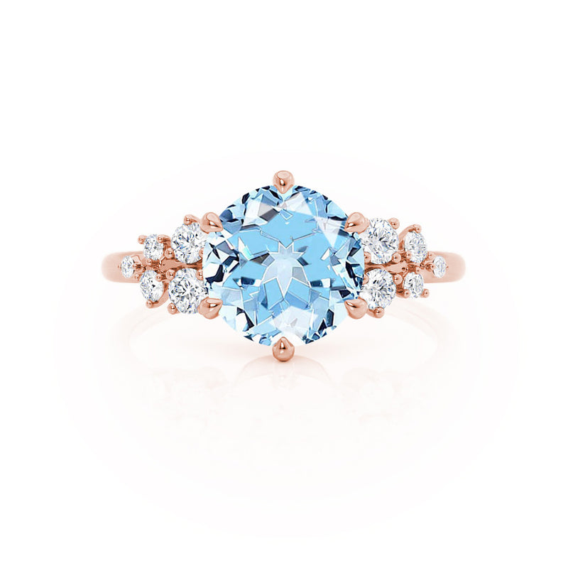 ALYA - Chatham® Round Aqua Spinel Starburst Cluster Shoulder Set Engagement Ring 18k Rose Gold