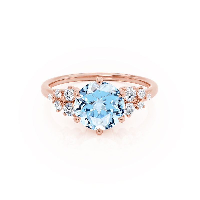 ALYA - Chatham® Round Aqua Spinel Starburst Cluster Shoulder Set Engagement Ring 18k Rose Gold