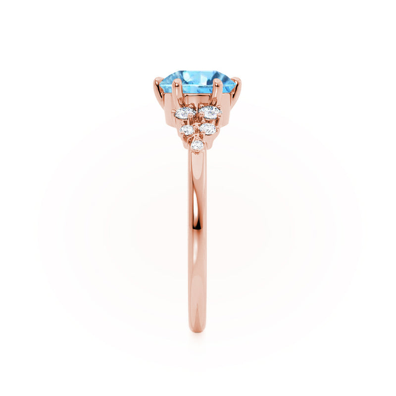 ALYA - Chatham® Round Aqua Spinel Starburst Cluster Shoulder Set Engagement Ring 18k Rose Gold