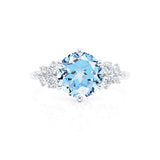 ALYA - Chatham® Round Aqua Spinel Starburst Cluster Shoulder Set Engagement Ring 18k White Gold