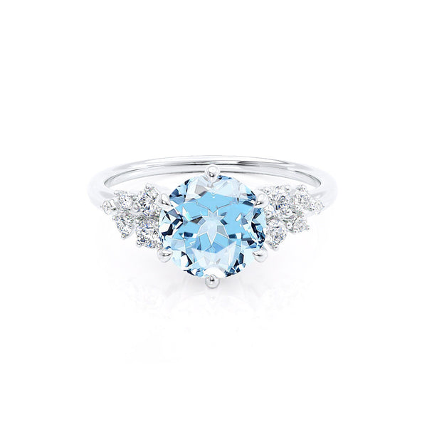 ALYA - Chatham® Round Aqua Spinel Starburst Cluster Shoulder Set Engagement Ring 18k White Gold