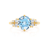 ALYA - Chatham® Round Aqua Spinel Starburst Cluster Shoulder Set Engagement Ring 18k Yellow Gold