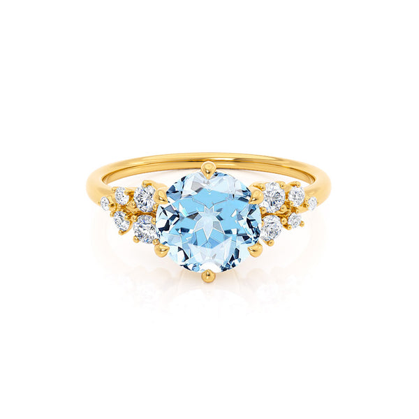 ALYA - Chatham® Round Aqua Spinel Starburst Cluster Shoulder Set Engagement Ring 18k Yellow Gold