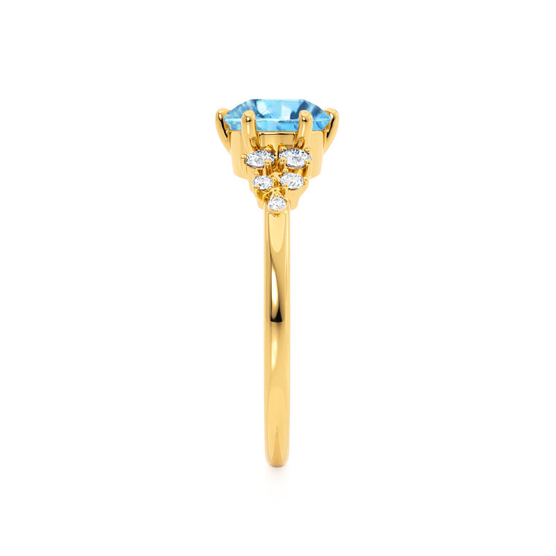 ALYA - Chatham® Round Aqua Spinel Starburst Cluster Shoulder Set Engagement Ring 18k Yellow Gold