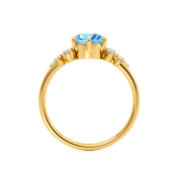 ALYA - Chatham® Round Aqua Spinel Starburst Cluster Shoulder Set Engagement Ring 18k Yellow Gold