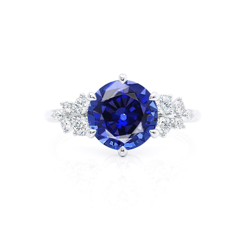 ALYA - Chatham® Round Blue Sapphire Starburst Cluster Shoulder Set Engagement Ring 18k White Gold