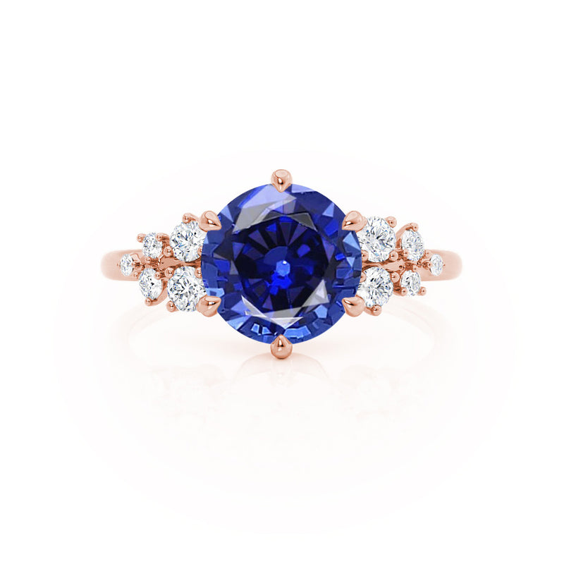 ALYA - Chatham® Round Blue Sapphire Starburst Cluster Shoulder Set Engagement Ring 18k Rose Gold