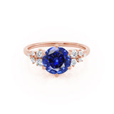 ALYA - Chatham® Round Blue Sapphire Starburst Cluster Shoulder Set Engagement Ring 18k Rose Gold