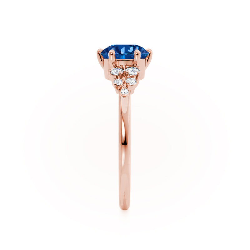 ALYA - Chatham® Round Blue Sapphire Starburst Cluster Shoulder Set Engagement Ring 18k Rose Gold