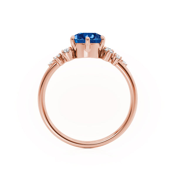 ALYA - Chatham® Round Blue Sapphire Starburst Cluster Shoulder Set Engagement Ring 18k Rose Gold