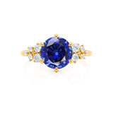 ALYA - Chatham® Round Blue Sapphire Starburst Cluster Shoulder Set Engagement Ring 18k Yellow Gold