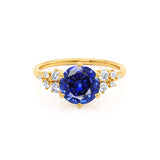 ALYA - Chatham® Round Blue Sapphire Starburst Cluster Shoulder Set Engagement Ring 18k Yellow Gold