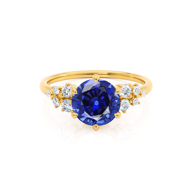 ALYA - Chatham® Round Blue Sapphire Starburst Cluster Shoulder Set Engagement Ring 18k Yellow Gold