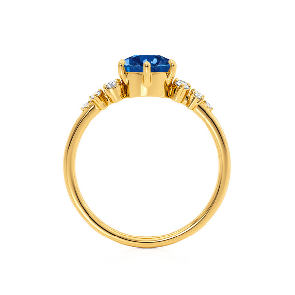 ALYA - Chatham® Round Blue Sapphire Starburst Cluster Shoulder Set Engagement Ring 18k Yellow Gold