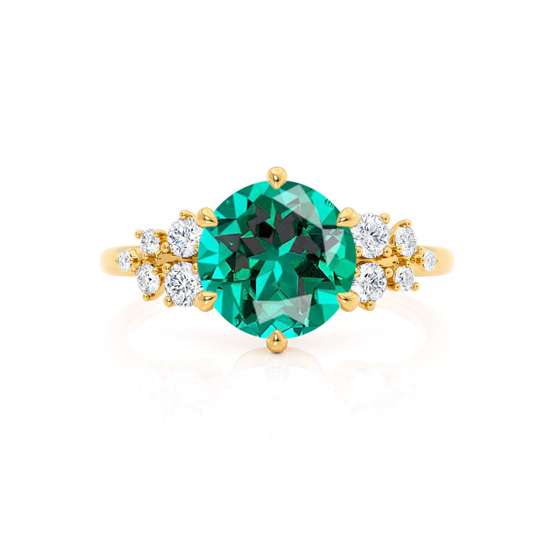 ALYA - Chatham® Round Emerald Starburst Cluster Shoulder Set Engagement Ring 18k Yellow Gold