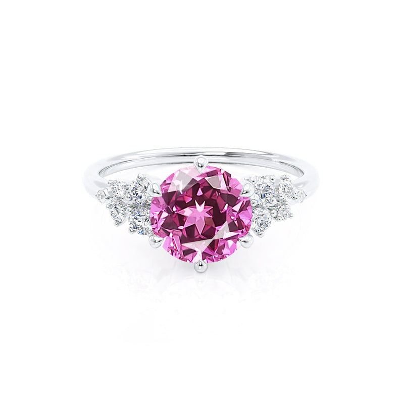 ALYA - Chatham® Round Pink Sapphire Starburst Cluster Shoulder Set Engagement Ring 18k White Gold