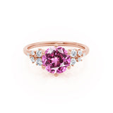 ALYA - Chatham® Round Pink Sapphire Starburst Cluster Shoulder Set Engagement Ring 18k Rose Gold