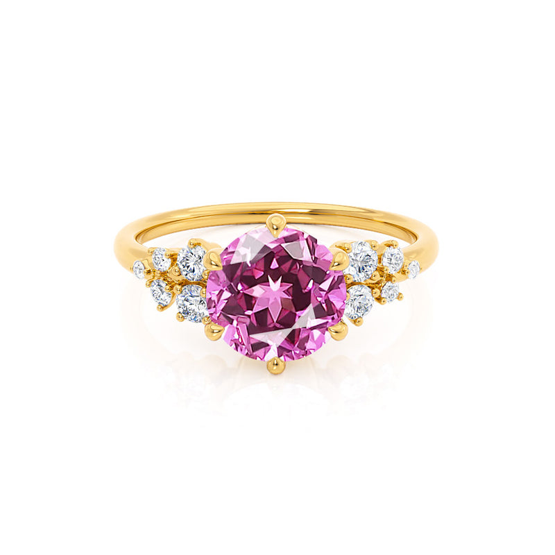 ALYA - Chatham® Round Pink Sapphire Starburst Cluster Shoulder Set Engagement Ring 18k Yellow Gold