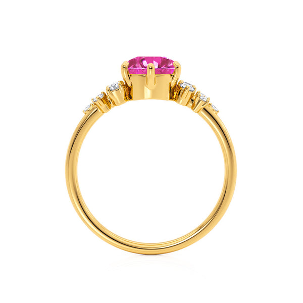 ALYA - Chatham® Round Pink Sapphire Starburst Cluster Shoulder Set Engagement Ring 18k Yellow Gold