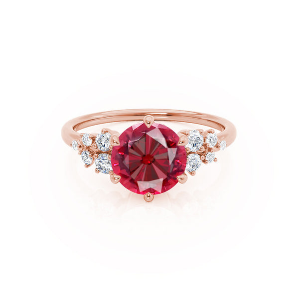 ALYA - Chatham® Round Ruby Starburst Cluster Shoulder Set Engagement Ring 18k Rose Gold