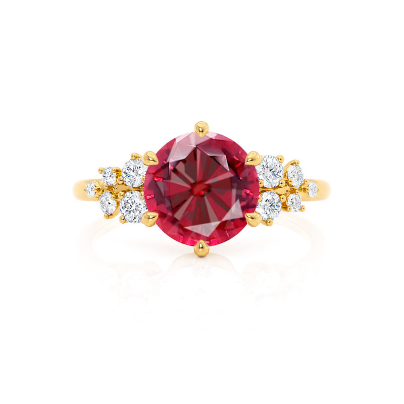 ALYA - Chatham® Round Ruby Starburst Cluster Shoulder Set Engagement Ring 18k Yellow Gold