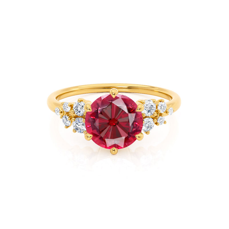 ALYA - Chatham® Round Ruby Starburst Cluster Shoulder Set Engagement Ring 18k Yellow Gold