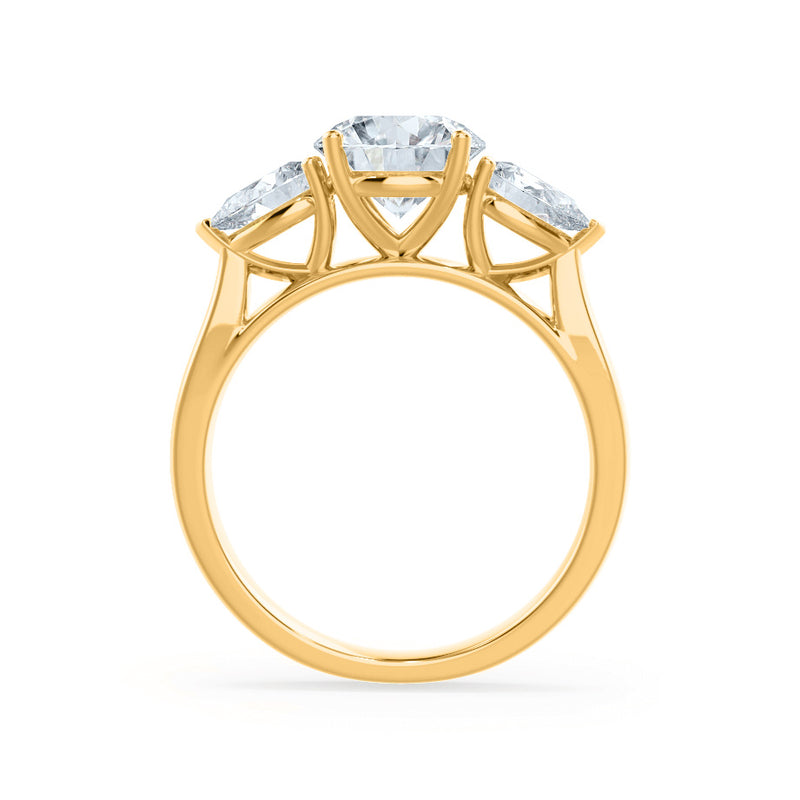 BLOSSOM - Round Moissanite & Pear Cut Diamond 18k Yellow Gold Trilogy Engagement Ring Lily Arkwright
