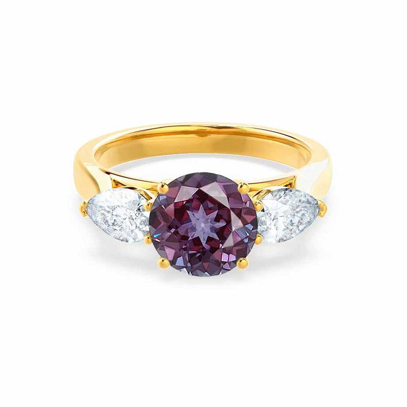 BLOSSOM - Chatham® Round Alexandrite & Pear Cut Lab Diamond 18k Yellow Gold Trilogy