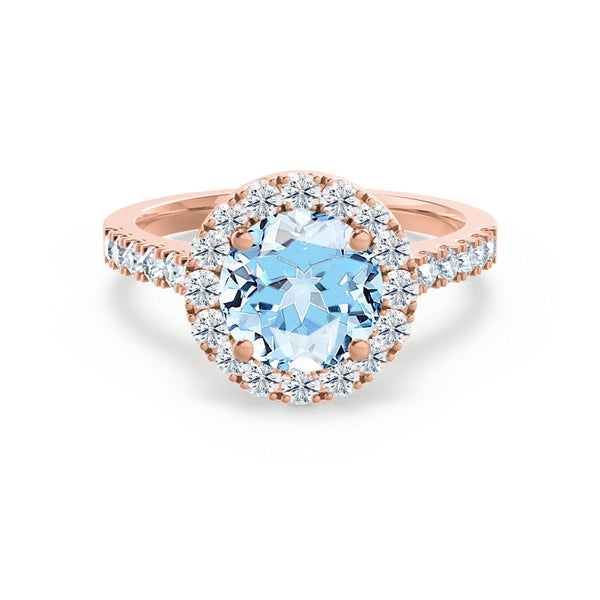 CECILY - Lab Grown Aqua Spinel & Diamond 18k Rose Gold Halo Ring Engagement Ring Lily Arkwright
