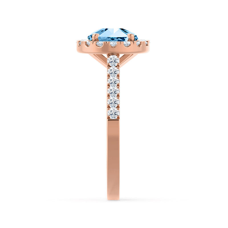 CECILY - Lab Grown Aqua Spinel & Diamond 18k Rose Gold Halo Ring Engagement Ring Lily Arkwright