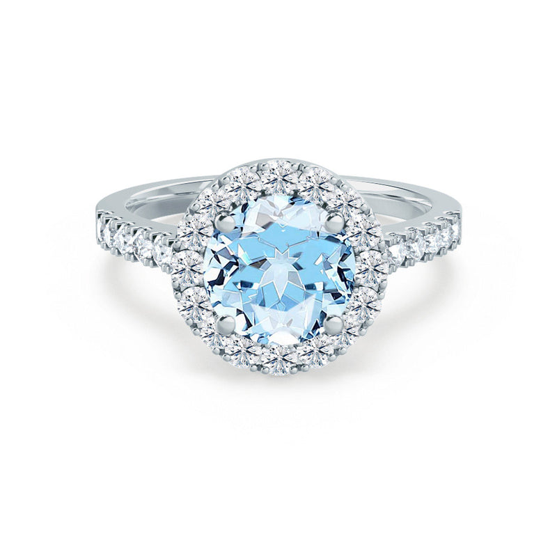 CECILY - Lab Grown Aqua Spinel & Diamond 18k White Gold Halo Ring Engagement Ring Lily Arkwright