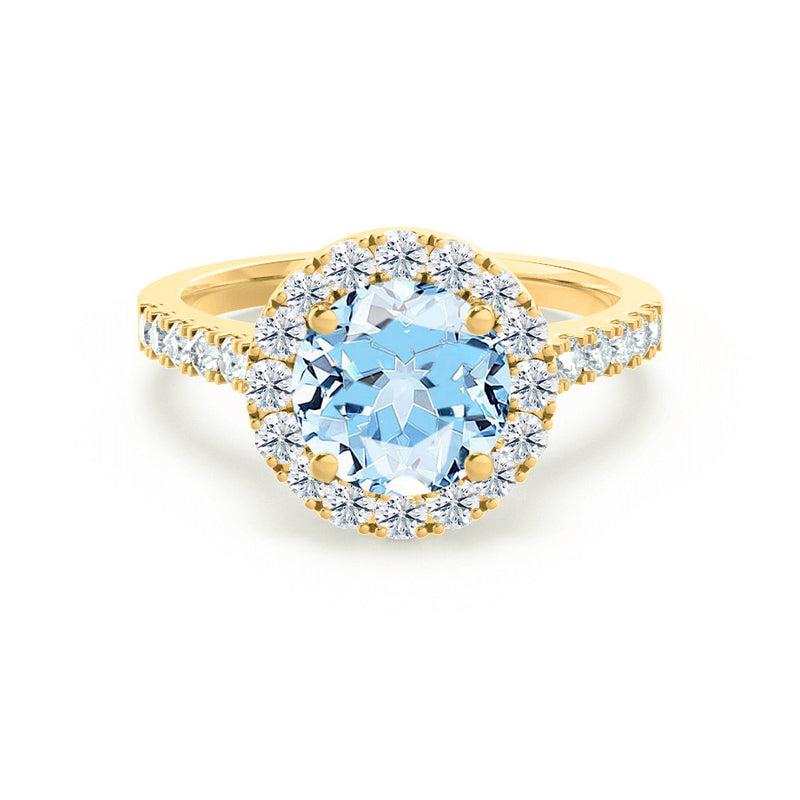 CECILY - Lab Grown Aqua Spinel & Diamond 18k Yellow Gold Halo Ring Engagement Ring Lily Arkwright